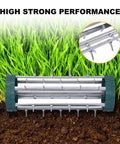 Rolling Lawn Aerator 18 Inch With Heavy Duty Spiked Tines For Deep Soil Aeration, close-up view on grass and soil