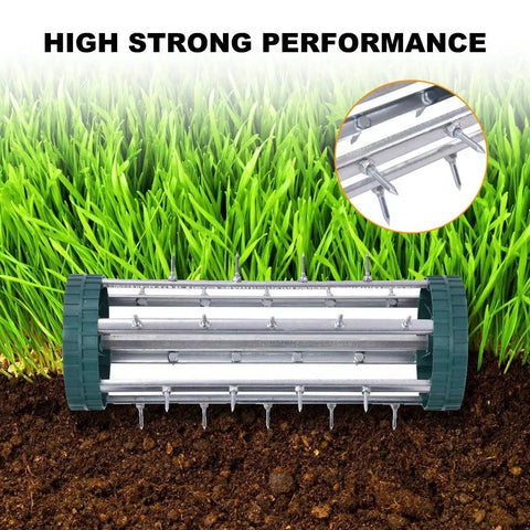 Rolling Lawn Aerator 18 Inch With Heavy Duty Spiked Tines For Deep Soil Aeration, close-up view on grass and soil