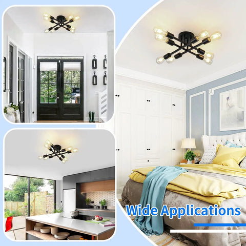 Eight Light Industrial Semi Flush Mount Ceiling Light Fixture In Matte Black With Farmhouse Close To Ceiling Style Modern Sputnik Chandelier in kitchen, bedroom, and living room.
