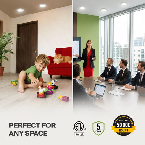 Two-Inch Recessed Led Lights With Junction Box For No Sweat Install Smooth Glow Dimmable Downlights illuminating a child playing and a meeting room.