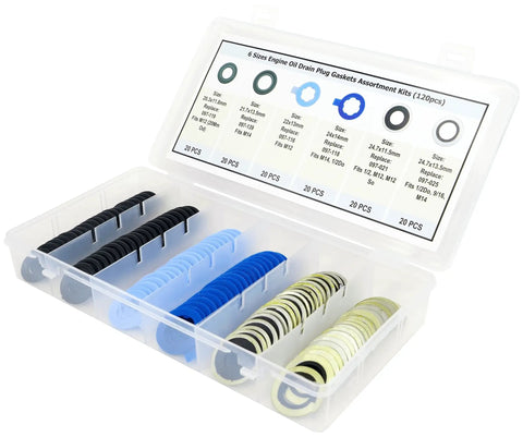 Plastic box containing 120Pcs 6 Size Oil Drain Plug Gasket Set For M12 M14 Engines Compatible With Ford GM Mazda Mercury Lincoln Hummer Isuzu