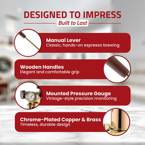 Professional 16 Cup Lever Espresso Machine With Copper And Brass Design features manual lever, wooden handles, pressure gauge.