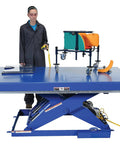 Heavy Duty Welded Steel Electric Hydraulic Lift Table With 48 By 72 Platform And 6000 Lbs Capacity Built Like A Brick House For Industrial Shops Osha Toe Guard Blue Finish with operator holding control.