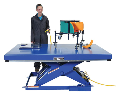 Heavy Duty Welded Steel Electric Hydraulic Lift Table With 48 By 72 Platform And 6000 Lbs Capacity Built Like A Brick House For Industrial Shops Osha Toe Guard Blue Finish with operator holding control.