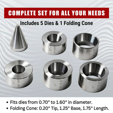 17 Degree Folding Die Set For Ring Sizers And Hydraulic Presses Pro Grade Beefy 5 Piece Stainless Steel Kit displayed