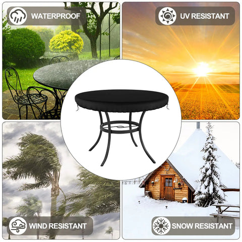 Outdoor Round Table Cover Black 48 Inch Diameter Waterproof And UV Resistant With Drawstring Tie Built To Last Protects Patio Tables From Sun And Rain Fits Folding Display Or Banquet Tables Anti Fading Weatherproof displayed in various weather conditions