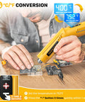 Person using yellow Mini Cordless Heat Gun With Four Temperature Settings Up To 752 F USB Rechargeable Hot Air Tool on electronics