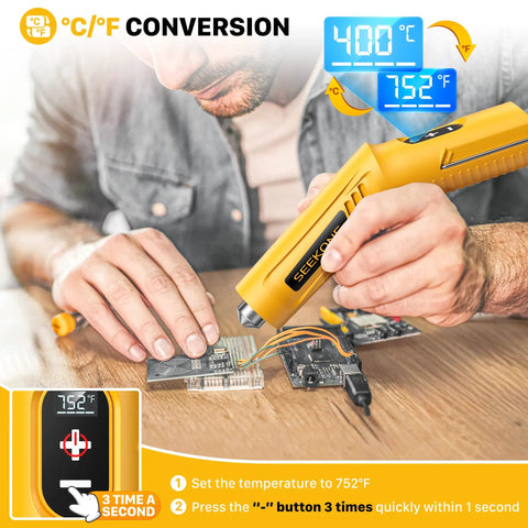 Person using yellow Mini Cordless Heat Gun With Four Temperature Settings Up To 752 F USB Rechargeable Hot Air Tool on electronics