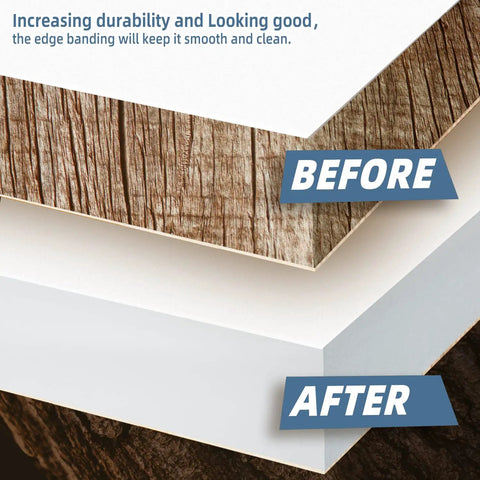 Pre Glued White Veneer Edge Banding Roll Three Quarters Inch Wide By Fifty Feet Real Wood Tape showing before and after application.