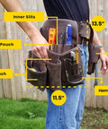 Top Grain Leather Construction Tool Pouch Dominant Right Side With 9 Pockets And A 3 Inch Belt Slit Pro Grade Built For Tough Tradesmen Who Value Quick Access And Real World Durability Boss Level shown worn on waist, highlighting pockets and features.