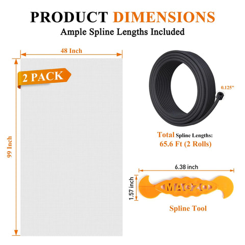 Two Pack Window And Door Screen Replacement Kit With 48 Inch By 99 Inch Screens Includes Retainer Spline And Press Fit Roller Tool 65.6 Feet Total Scratch Proof Polyester Mesh For Patio And Pet Friendly Grey