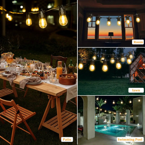 96 Ft Outdoor LED String Lights With 32 Shatterproof Filament Bulbs 2700K Warm Glow Waterproof Patio Lights For Garden Porch And Backyard Vibes Remote Control With Two Remotes Multiple Modes Dimmable Timers hanging over patio and garden spaces at night.
