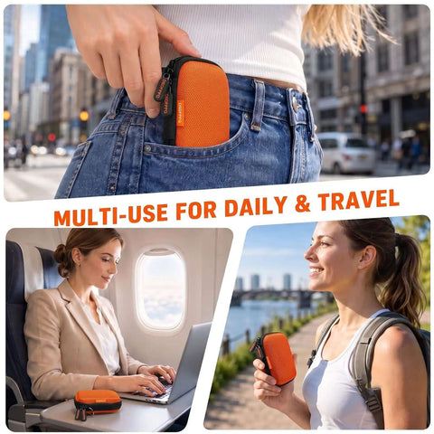 Solid Orange Mini Hard Shell Earbud Case Portable Rectangle Carrying Pouch in pocket for secure fit during daily commute.
