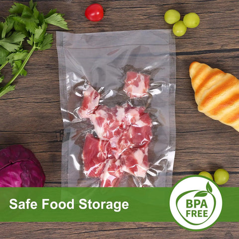 Vacuum sealed bag with chopped meat, labeled BPA free, showcasing Six Times Fresher Meals With 200 Count 8x12 Inch Vacuum Sealer Bags.
