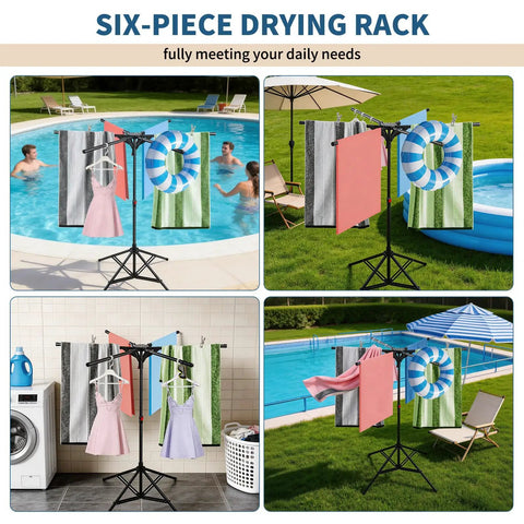 Outdoor Pool Towel Rack With Adjustable Height from 41.3 to 61.8 Inches displayed by pool with towels and swim gear.
