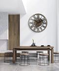 Steampunk Wall Clock With Moving Bronze Gears And Rustic Wooden Frame Perfect For Farmhouse Decor, 23-inch, in modern dining area.