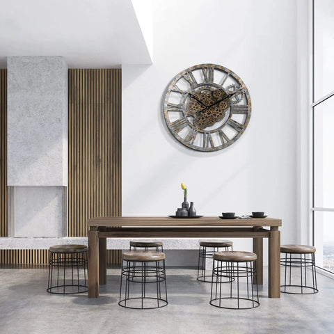 Steampunk Wall Clock With Moving Bronze Gears And Rustic Wooden Frame Perfect For Farmhouse Decor, 23-inch, in modern dining area.