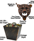 Heavy Duty Cast Iron Bear Head Wall Mounted Bottle Opener With Nifty Little Cap Catcher Antique Copper Finish, showing installation details and cap holder.