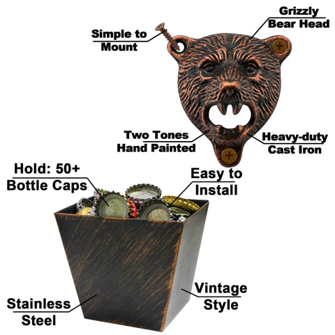 Heavy Duty Cast Iron Bear Head Wall Mounted Bottle Opener With Nifty Little Cap Catcher Antique Copper Finish, showing installation details and cap holder.