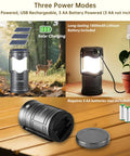 Four Pack Solar Camping Lanterns USB Rechargeable LED Lanterns Portable Battery Powered Lights With Three Modes For Power Outages Emergency Prep Indoor And Outdoor Use showing solar and USB charging methods.