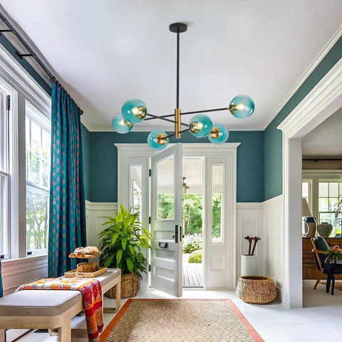 Room view with Six Light Blue Glass Ball Sputnik Chandelier Modern Mid Century Black And Gold Flush Mount Vintage Large Globe Pendant Light