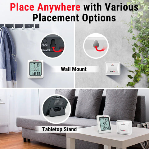 Wireless Outdoor Thermometer With Humidity Gauge And Digital Hygrometer, 500 Ft Range, wall or tabletop mounted options.