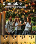 Outdoor LED String Lights 25 Ft Waterproof IP65 for Patio with people under warm glow, showing dimmable light options.