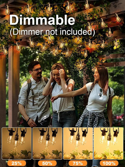 Outdoor LED String Lights 25 Ft Waterproof IP65 for Patio with people under warm glow, showing dimmable light options.