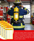 Firefighter in protective gear with 15 Pack Self Adhesive Monthly Inspection Stickers Waterproof 3 By 5 Inches Fire Extinguisher Maintenance Labels And Tags For Safety Records Quality Control And Compliance.
