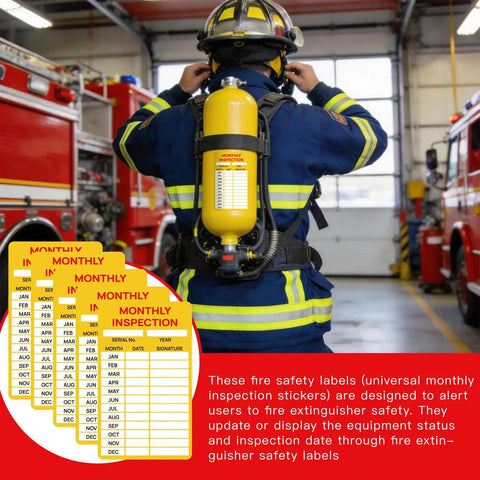 Firefighter in protective gear with 15 Pack Self Adhesive Monthly Inspection Stickers Waterproof 3 By 5 Inches Fire Extinguisher Maintenance Labels And Tags For Safety Records Quality Control And Compliance.