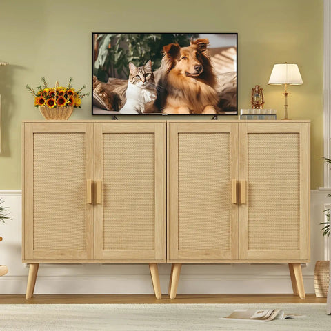 Rattan Style Storage Cabinet with Two Doors and Adjustable Shelves Deep Sideboard for Living Room Dining Room or Entryway