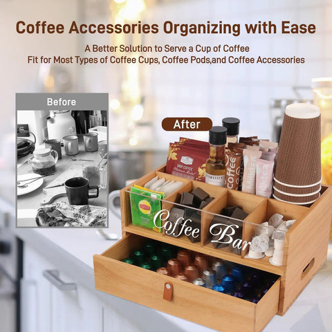 Slick Two Tier Coffee Bar Organizer With Clear Acrylic Window Top And Built In Drawer, Compact Countertop Storage Box For Coffee Pods And Mugs, Dope Kitchen Counter Setup For Your Morning Brew Routine, showing organized coffee pods and accessories.