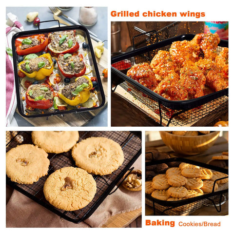 Crisping Oven Basket For Air Fryer Replacement Part Nonstick Stainless Steel Crisper Tray with baked items and grilled chicken wings.