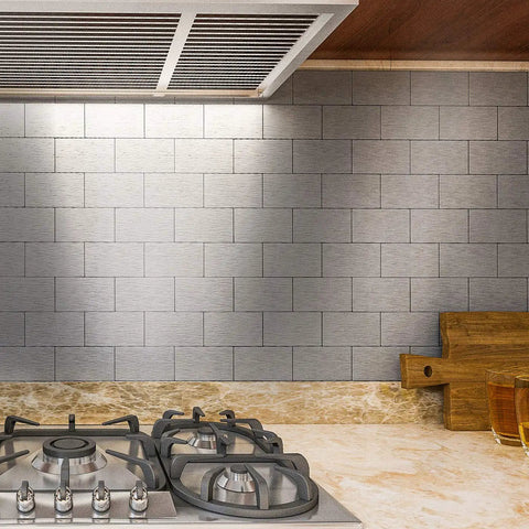 Peel And Stick Metal Backsplash Tiles 100 Piece Set Dope Brushed Aluminum Subway Style For Kitchen Walls behind a stove