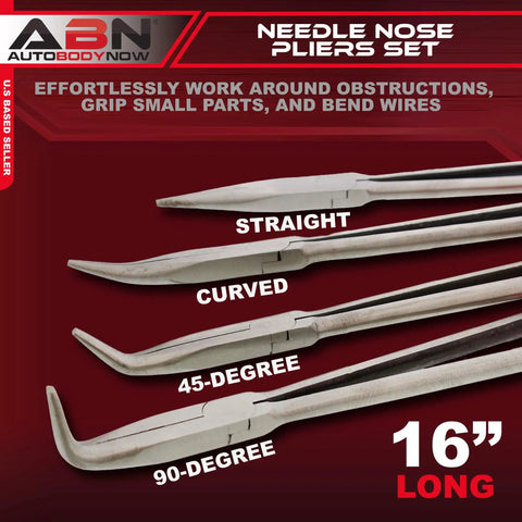 Long Reach 16 Inch Needle Nose Pliers Set Four Piece With 90 Degree Angle 45 Degree Angle Straight And Curved Pliers for Tight Spaces