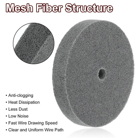 Two Pack Six Inch By One Inch 180 Grit Nylon Fiber Polishing Wheels With Five Eighth Inch Arbor showing mesh fiber structure for efficient buffing.