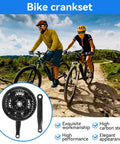 Cyclists riding mountain bikes, inset of 24-34-42T Square Taper Bike Crankset With 170mm Arm For 21 24 27 Speed Mountain And Road Bikes