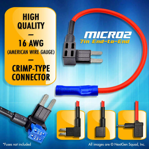 BioFuse 16 AWG Micro2 ATR Fuse Tap Kit With 30 Pc Automotive Car Fuses And Holders Includes Fifteen 5A Add Circuit Blade Fuses Plus Puller, red wiring with crimp connector.
