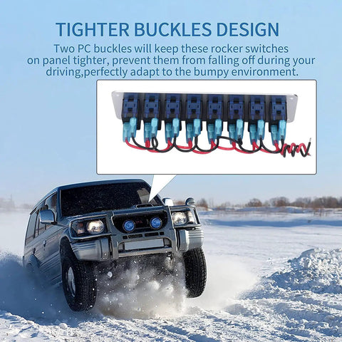 8 Gang Rocker Switch Panel With Blue LED Backlight And Voltmeter, Aluminum Alloy Prewired Toggle Switches for vehicles in snowy terrain