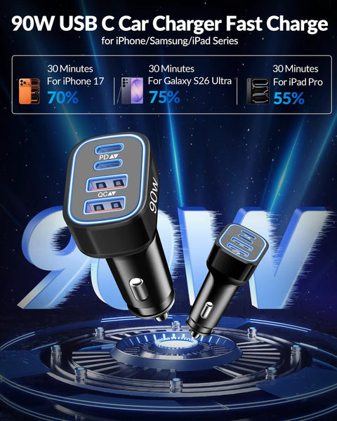Top Tier Ninety Watt USB C Car Charger With Four Hella Fast Ports For Lightning Quick Cigarette Lighter Power Delivery.