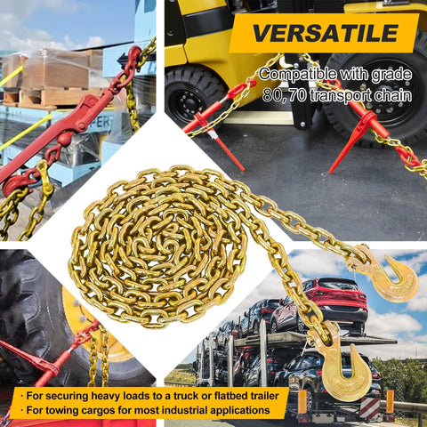 Beefed Up Ratchet Tie Down Kit 1/4 To 5/16 Inch Chain With 12ft Chains And Grappling Hook Two Set 5400 Lbs Working Load 19000 Lbs Break Strength Perfect For Securing Heavy Loads To Trucks And Flatbeds.
