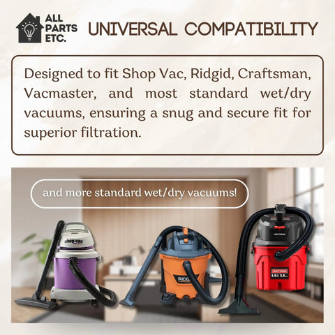 Foam Filter Sleeve Kit For Wet Dry Vacs That Snaps On Easy, Universal fit displayed with Shop Vac, Ridgid, Craftsman models