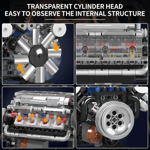 Close-up of Dope V8 Engine Building Blocks Set With Battery Box And Motor, 535 Pieces showing transparent cylinder heads detail.