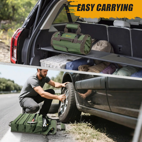 Heavy Duty Roll Up Tool Bag Portable Soft Tool Storage Foldable Organizer With Small Pockets Water Resistant PVC Coated Oxford For Mechanics Dads Home Garage Green in car trunk and roadside use