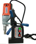 Real Deal Heavy Duty Magnetic Drill Press With Roto Broach Function For Steel Fabrication, 120V Portable Core Bit setup view.