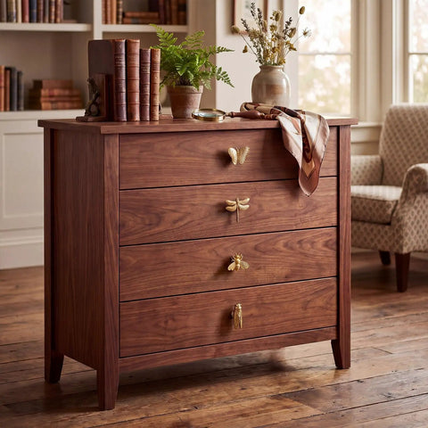 Dresser with 8 Piece Insect Themed Cabinet Knobs Set Featuring Butterfly Dragonfly Bee Cicada Styles in Gold Finish