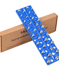 Blue metal 30-in-1 nut-and-bolt thread gauge strips with SAE and metric sizes, wall-mountable, shown on box, two pieces.