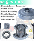 325 Inch Heavy-Duty Clutch Drum Rim Sprocket Kit for Husqvarna Chainsaws shot with components and labels visible.