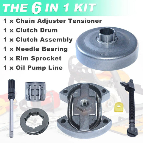 325 Inch Heavy-Duty Clutch Drum Rim Sprocket Kit for Husqvarna Chainsaws shot with components and labels visible.