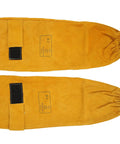 Rugged Cowhide Welding Sleeves For Men With Badass Spark And Spatter Defense Adjustable Buckle Soft Cotton Lining, yellow arm shields.